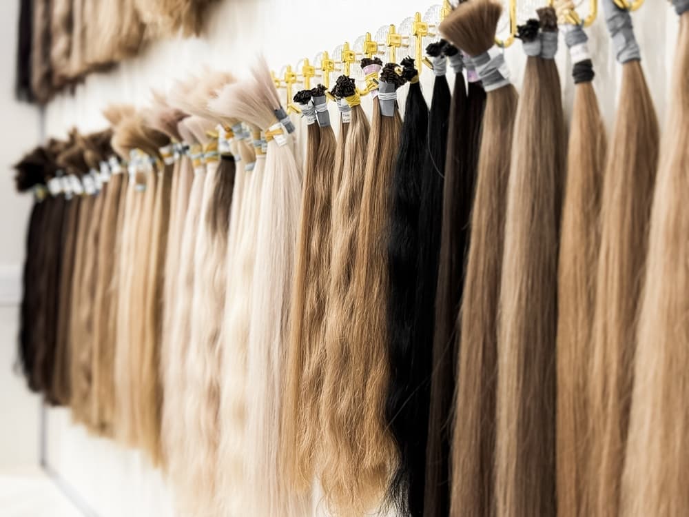Range of natural-toned hair extensions on display at a Corringham hair salon